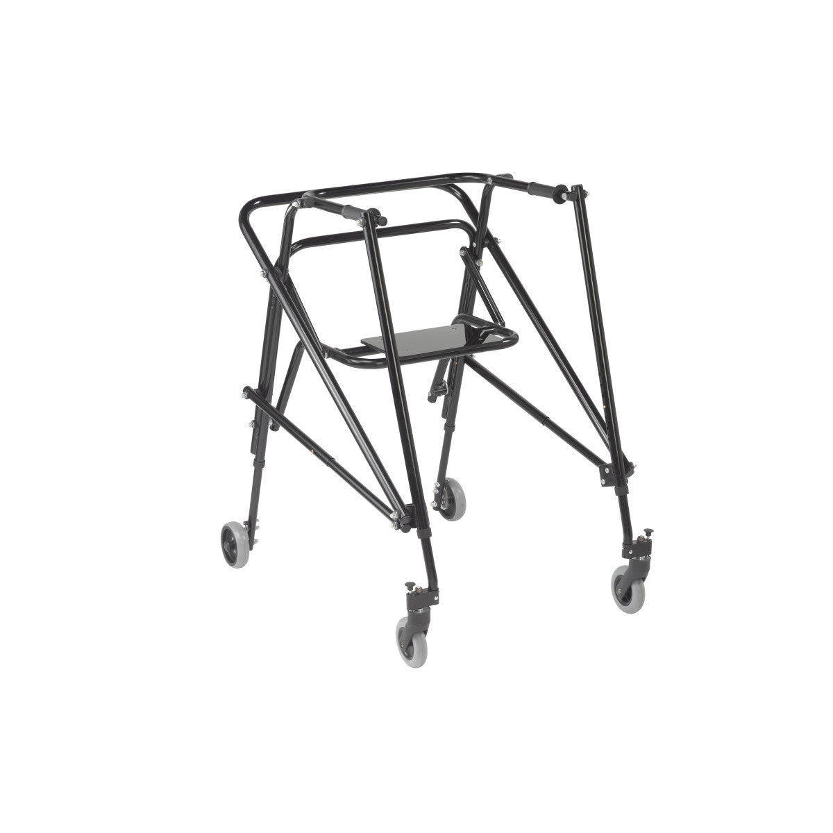 Drive Medical Nimbo posterior walker with a black frame, seat and four wheels.