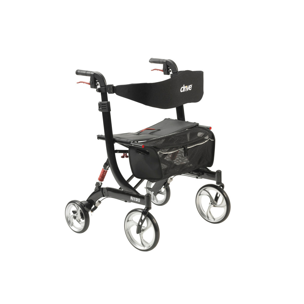 Drive Medical Nitro HD black rollator with a seat, backrest and zippered storage bag.