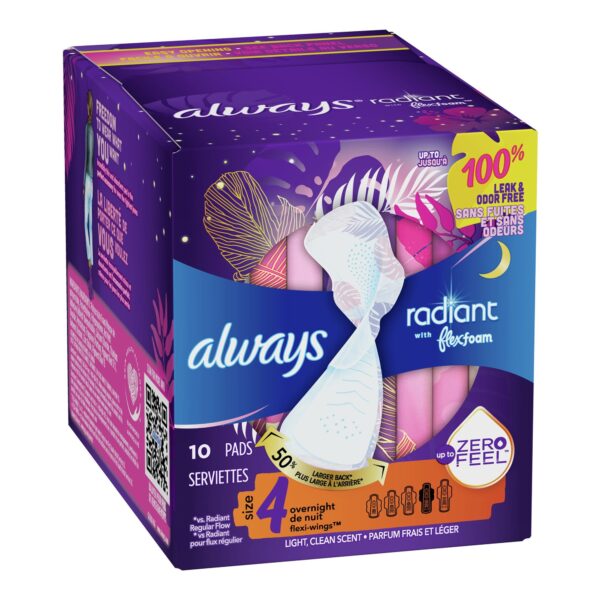 Always Radiant Feminine Pad with FlexFoam With Wings, Overnight Heavy Absorbency